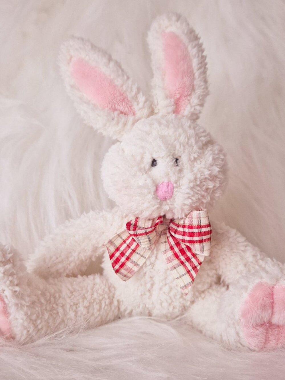 Vintage 2000 Plushland White Bunny Rabbit Bean Bag Plush Plaid Bow 8"